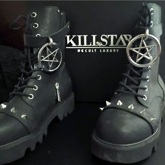 Killstar Black Pentagram Spiked Ring Me Up SZ 9 Boots NWT & Box Platform Combat - Picture 2 of 11